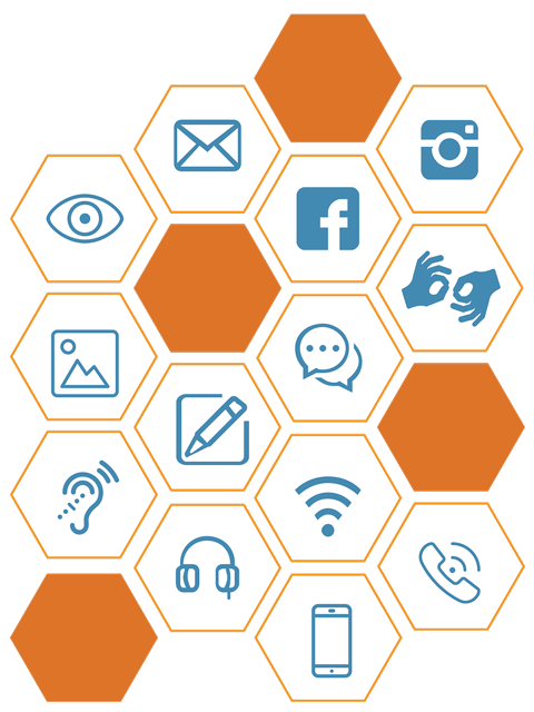 Wabenförmige Grafik mit Icons für barrierefreie Kommunikation: Sehen, Lesen, Schreiben, Hören, Telefon, Internet und soziale Medien.